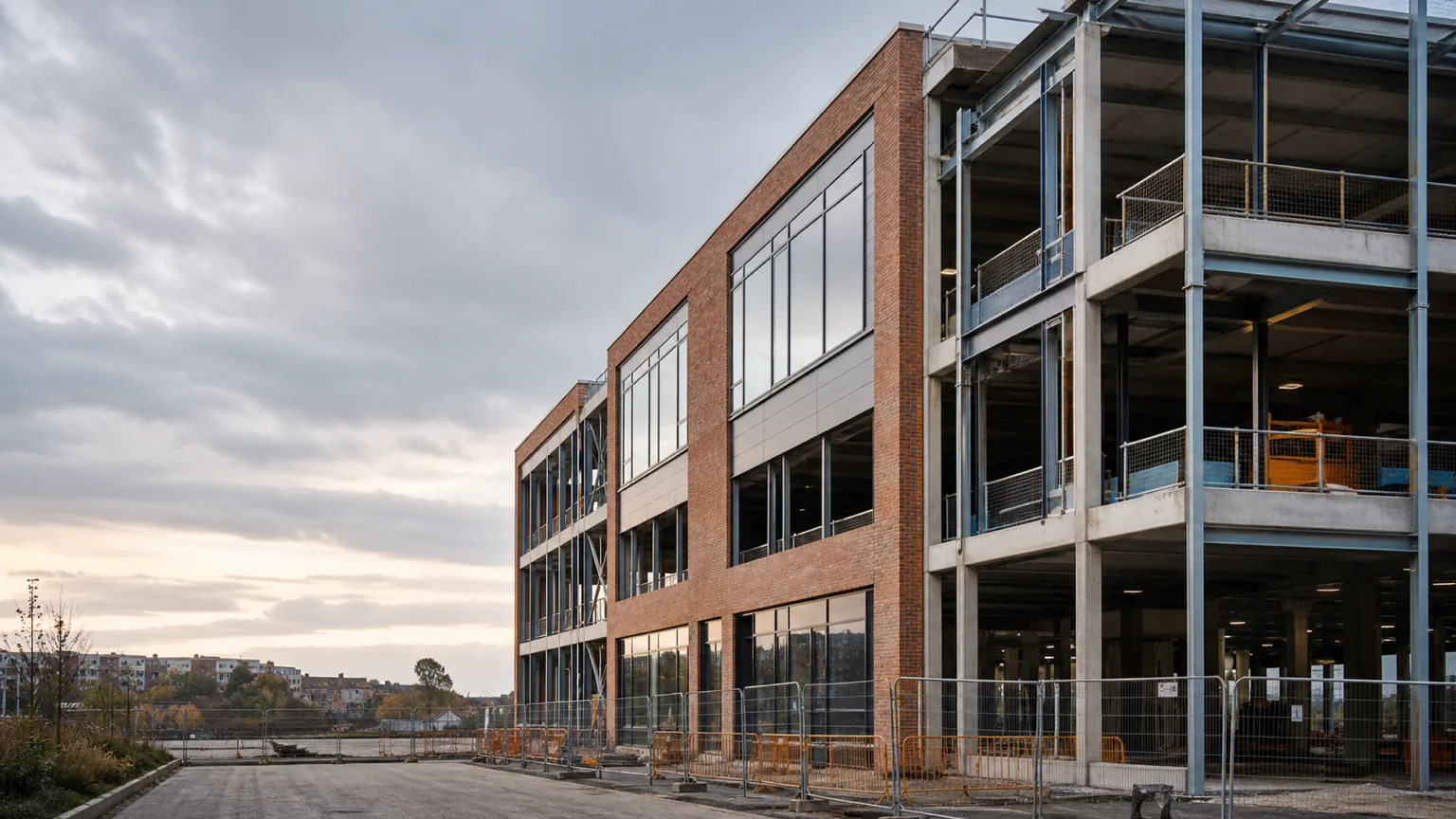 AI-generated illustrative commercial education building nearing completion